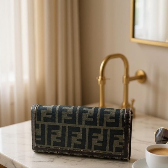 Fendi Handbags - Fendi Auth Long Bifold Unisex Wallet Monogram Canvas Leather black Brown